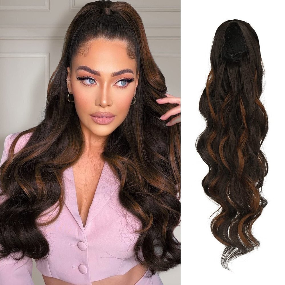 HIGH Quality Long Wavy Ponytail Hair Extension Dark Brown Honey Highlights